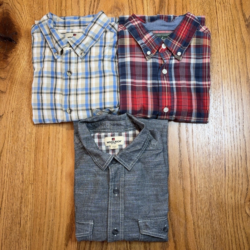 Lot of 3 Woolrich Short Sleeve Button Up‎ Shirts Men's Large Heather Gray Plaid